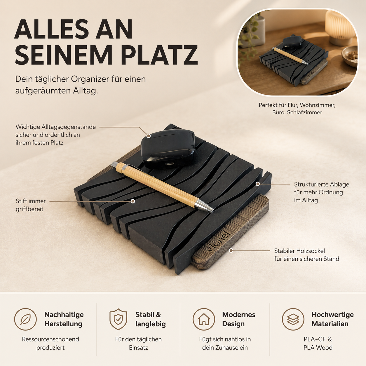 Vionel Nest Ablageschale mit erklärenden Hinweisen zur Ablage kleiner Alltagsgegenstände.
