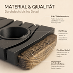 Nahaufnahme von Vionel Luma mit PLA-CF Oberfläche, PAHT-Inlay, PLA-Wood Sockel und eingeprägtem Vionel-Schriftzug.
