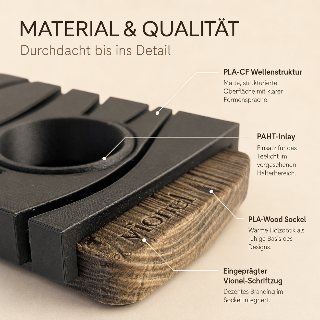 Nahaufnahme von Vionel Luma mit PLA-CF Oberfläche, PAHT-Inlay, PLA-Wood Sockel und eingeprägtem Vionel-Schriftzug.
