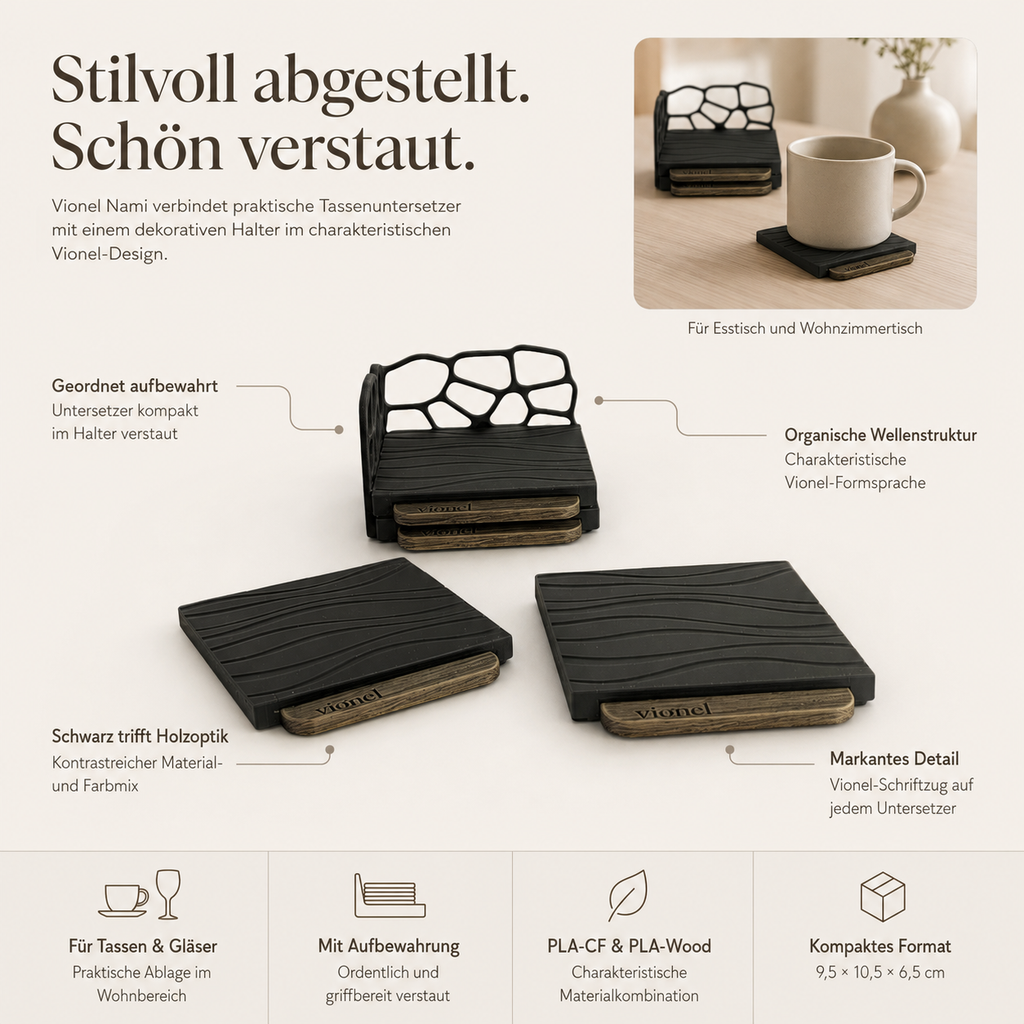 Vionel Nami Komplettset mit Hinweisen zu Aufbewahrung, Materialkombination und Nutzung.
