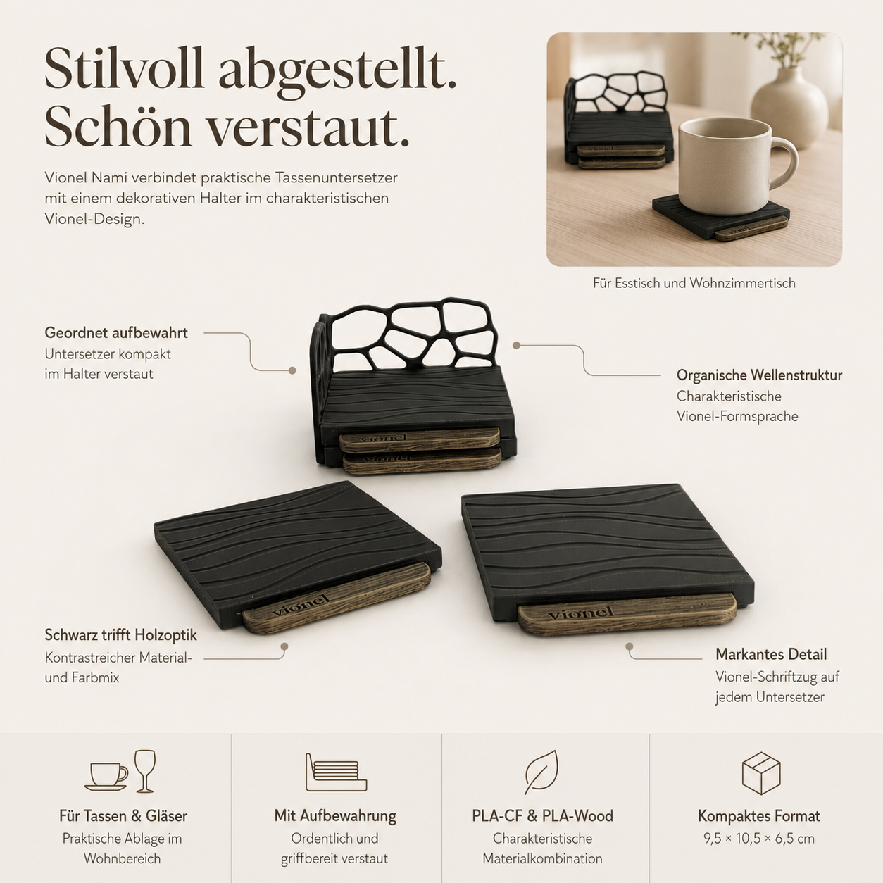 Vionel Nami Komplettset mit Hinweisen zu Aufbewahrung, Materialkombination und Nutzung.
