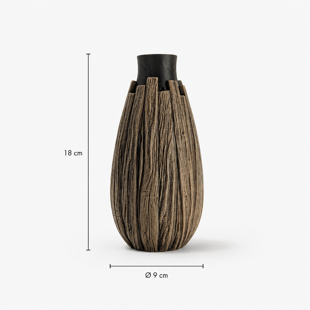 Klares Produktbild Vorderansicht: Vionel Bloom Vase in Schwarz-Braun mit Maßangaben vor hellem Hintergrund.
