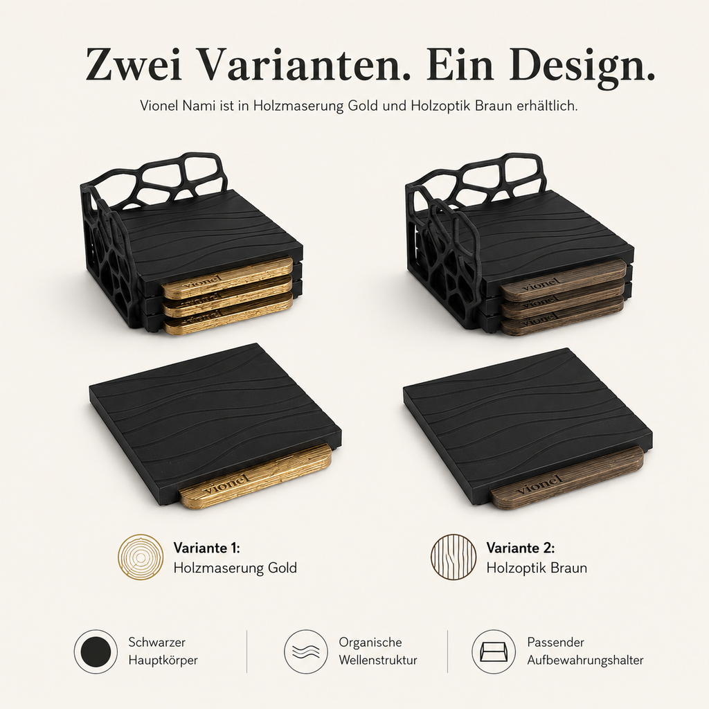 Vionel Nami in Holzoptik Braun und Holzmaserung Gold im Variantenvergleich.
