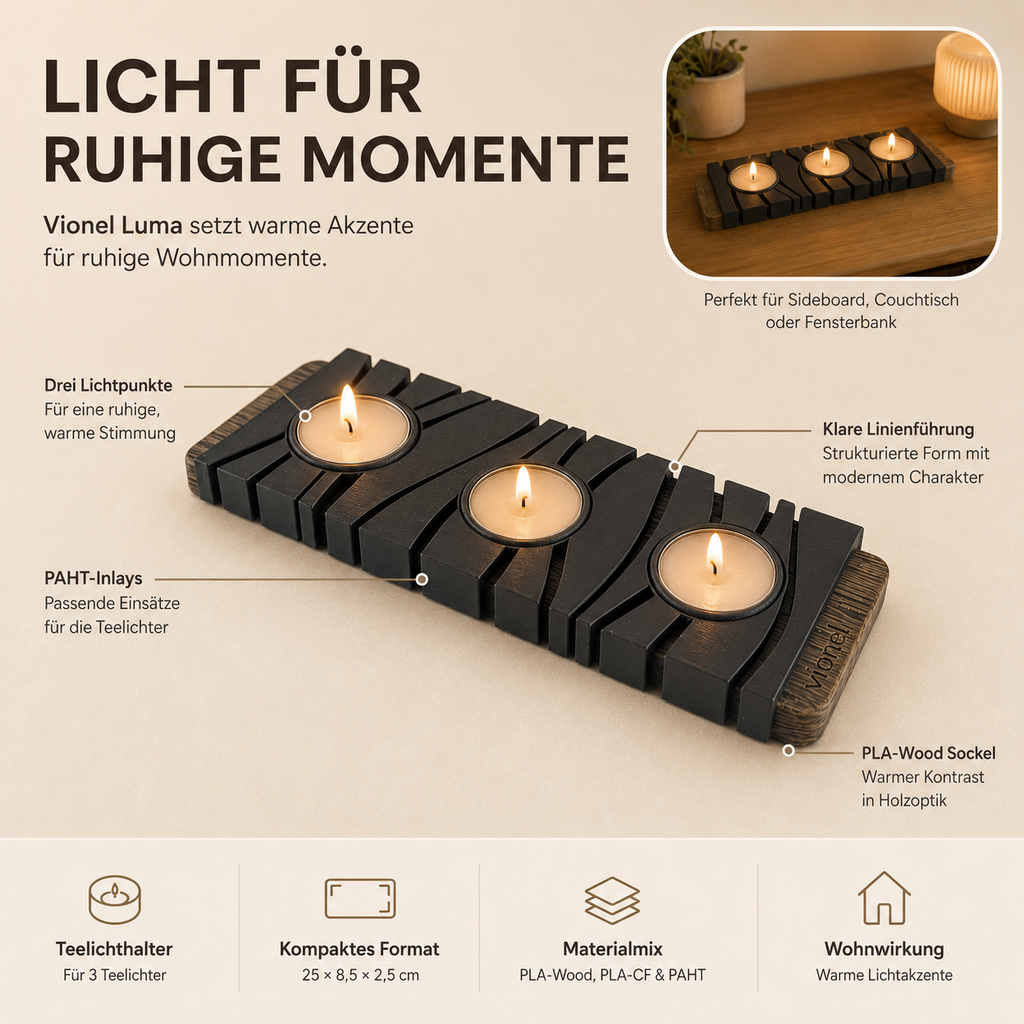 Vionel Luma Teelichthalter mit drei brennenden Teelichtern, PAHT-Inlays, PLA-CF-Oberfläche und PLA-Wood-Sockel.
