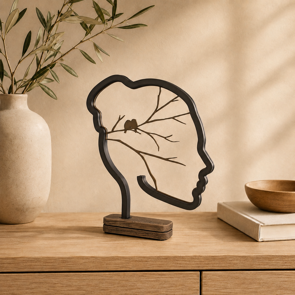 Vionel Mind Tree Dekoskulptur auf hellem Holz-Sideboard in ruhiger Wohnszene.

