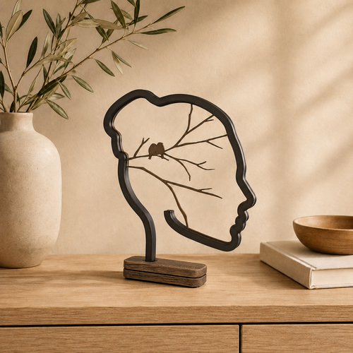 Vionel Mind Tree Dekoskulptur auf hellem Holz-Sideboard in ruhiger Wohnszene.
