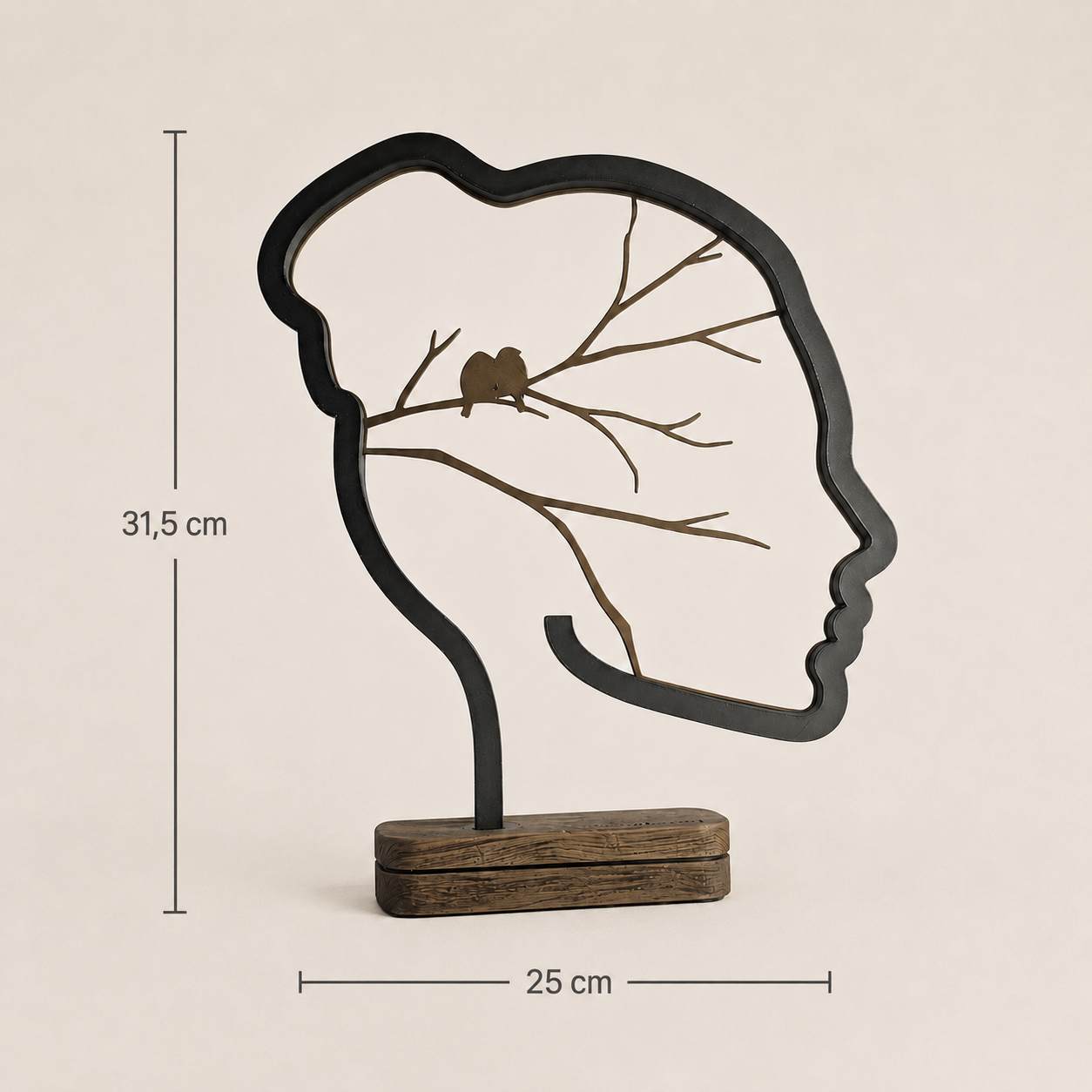 Vionel Mind Tree Dekoskulptur mit Maßangaben 31,5 cm Höhe und 25 cm Breite.
