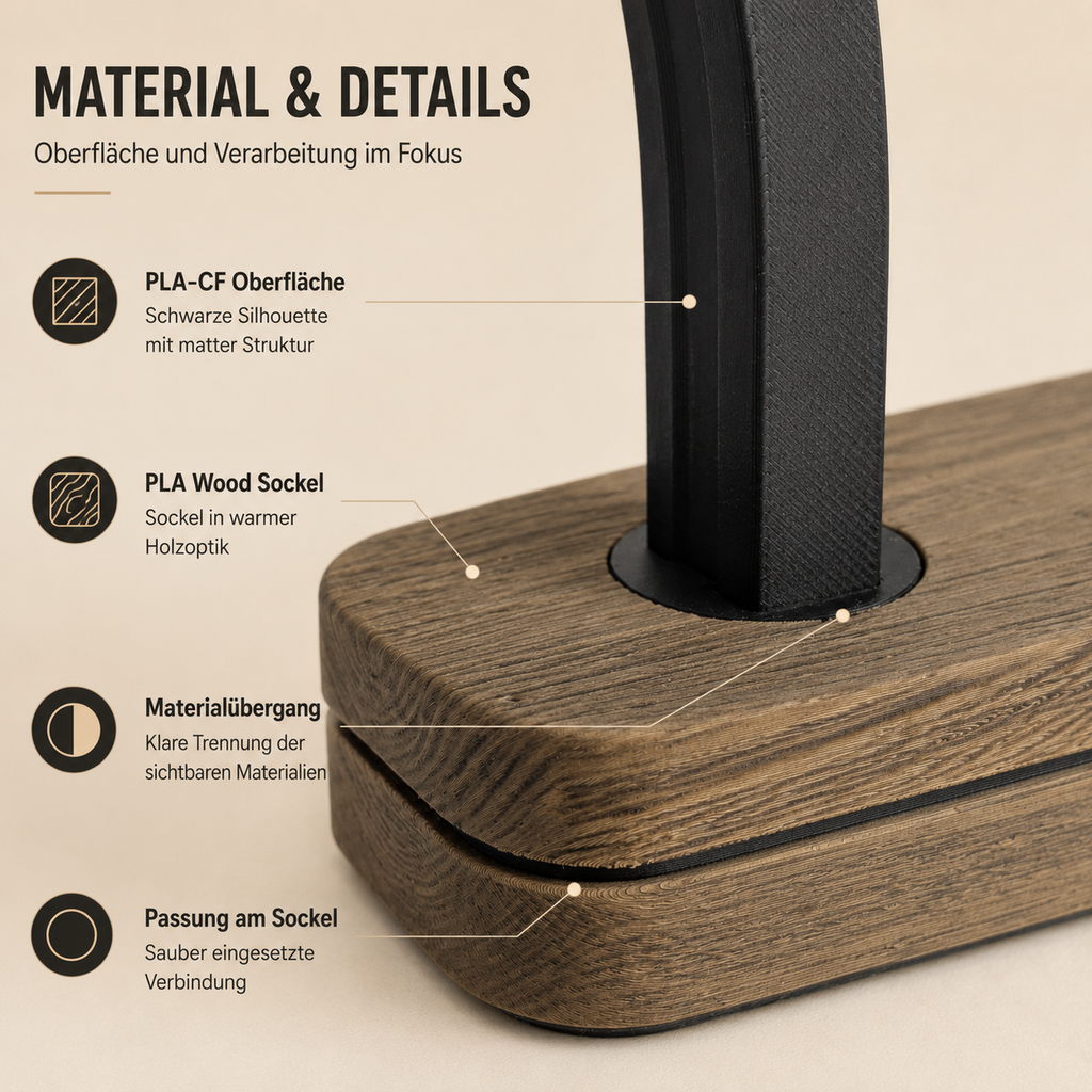 Materialdetail der Vionel Mind Tree Dekoskulptur mit PLA-CF-Oberfläche und PLA-Wood-Sockel.
