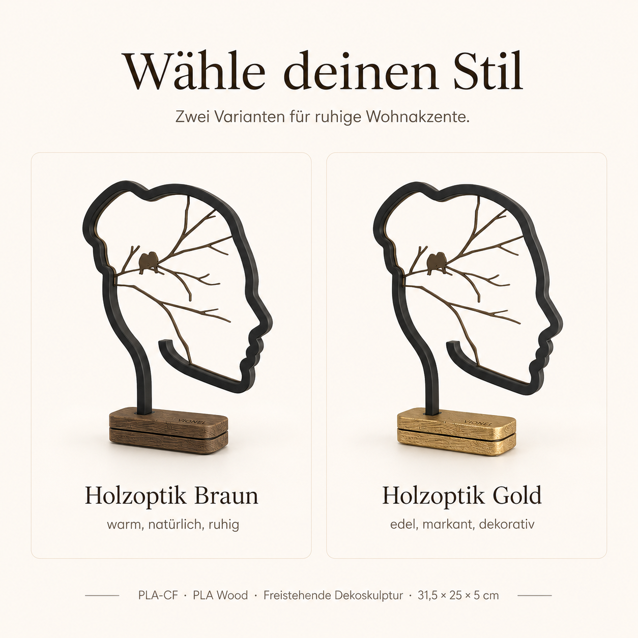 Vionel Mind Tree Dekoskulptur in den Varianten Holzoptik Braun und Holzoptik Gold.
