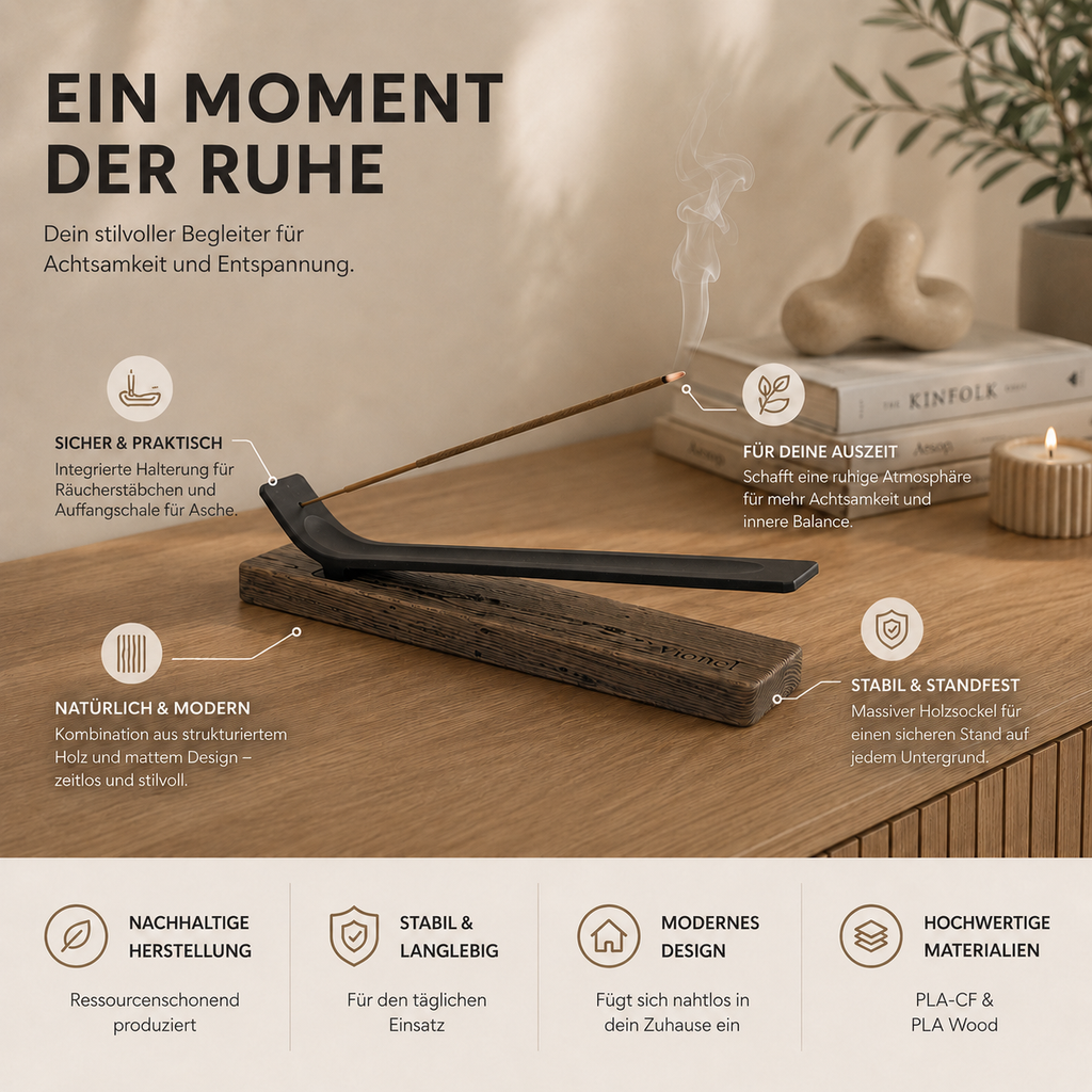 Vionel Sora Räucherstäbchenhalter mit erklärenden Hinweisen zu Design, Material und Wohnwirkung