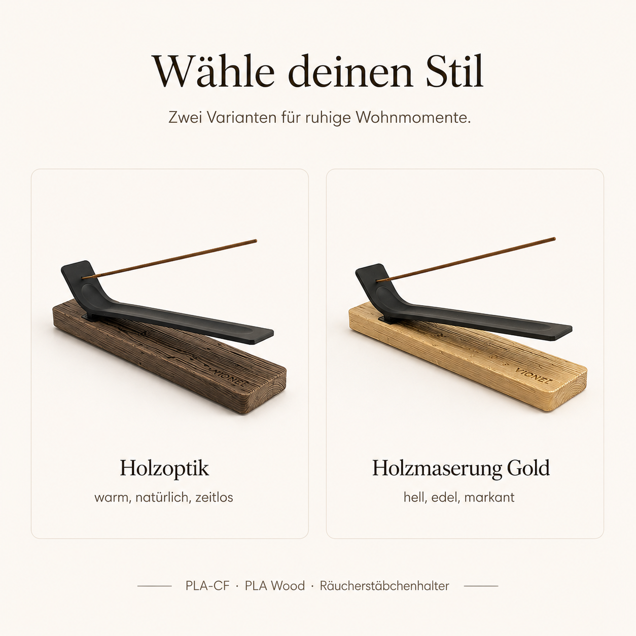 Vionel Sora Räucherstäbchenhalter in den Varianten Holzoptik Braun und Holzmaserung Gold