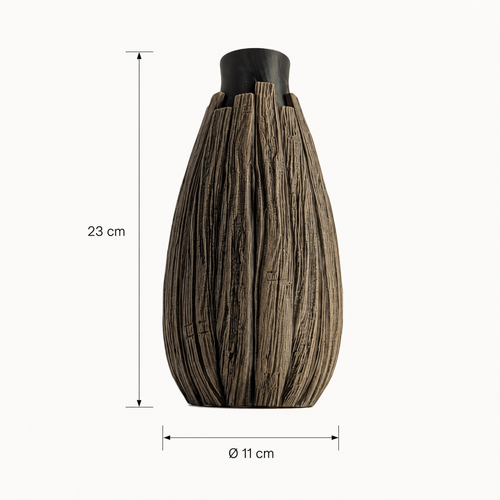 Klares Produktbild Vorderansicht: Vionel Bloom Vase in Schwarz-Braun mit Maßangaben vor hellem Hintergrund.
