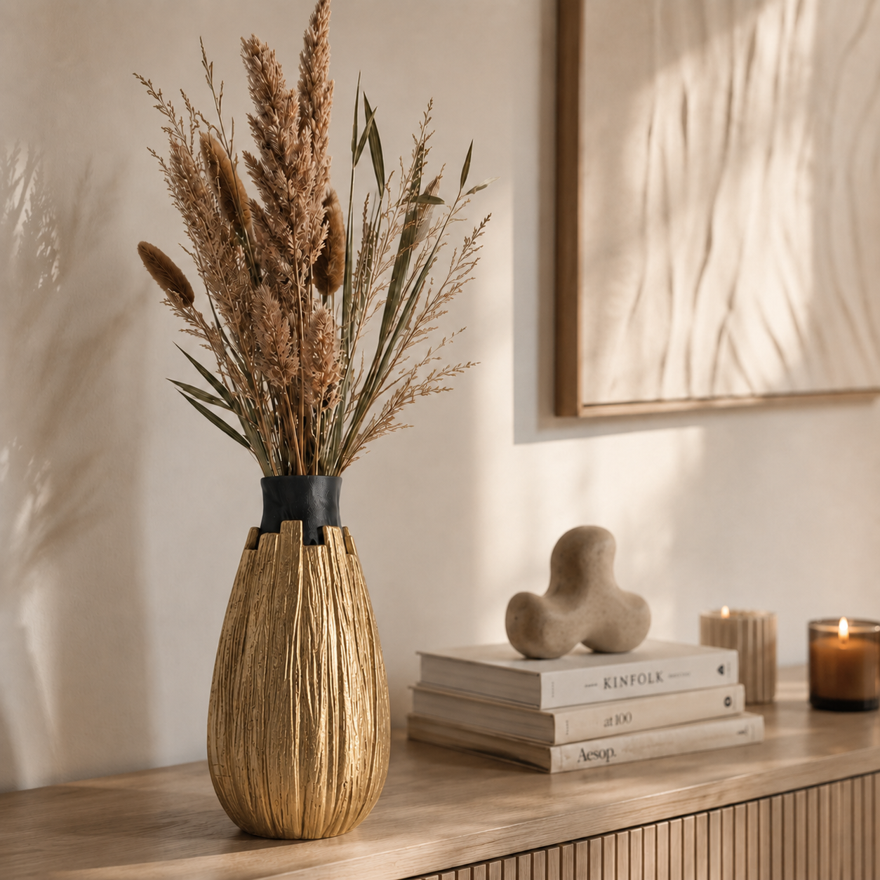 Emotional Hero Shot: Vionel Bloom Vase mit Blumen auf hellem Sideboard in warmer Wohnszene.