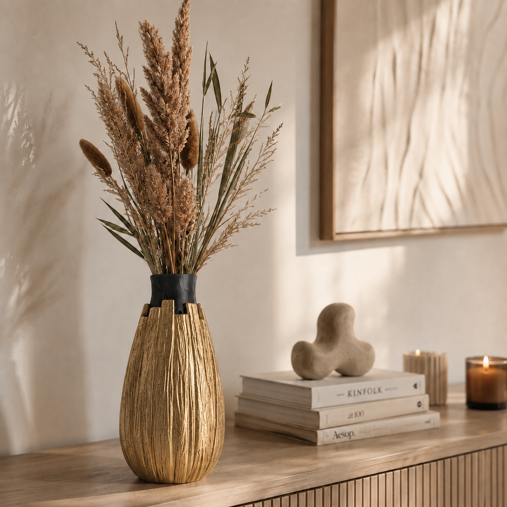 Emotional Hero Shot: Vionel Bloom Vase mit Blumen auf hellem Sideboard in warmer Wohnszene.