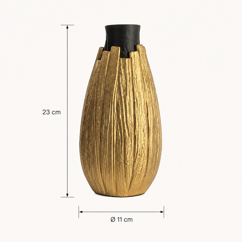 Klares Produktbild Vorderansicht: Vionel Bloom Vase in Schwarz-Braun mit Maßangaben vor hellem Hintergrund.
