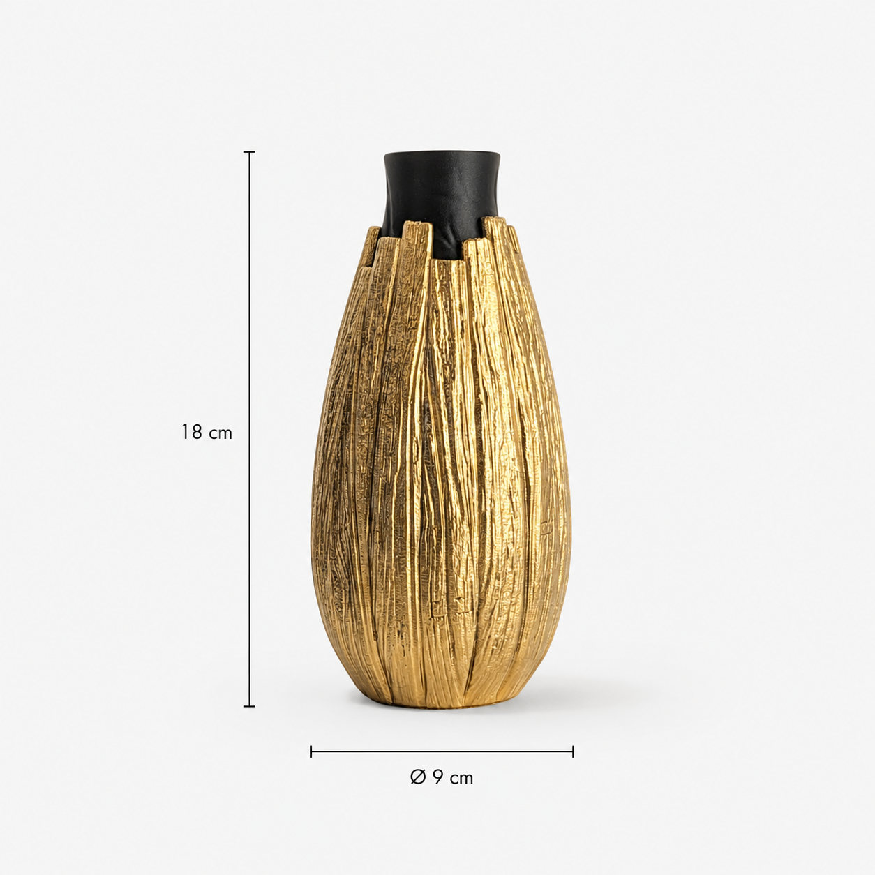 Klares Produktbild Vorderansicht: Vionel Bloom Vase in Schwarz-Braun mit Maßangaben vor hellem Hintergrund.
